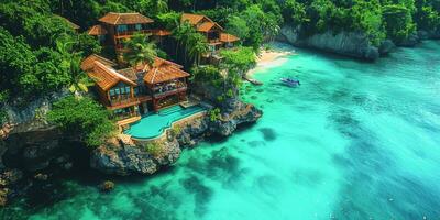 A house on a cliff overlooking water seen from above photo