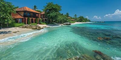 A beautiful building on sandy tropical beach with azure waters photo