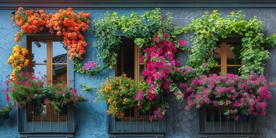 There are three windows on a building, each decorated with flowers photo