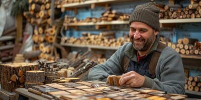 A man with a beard is seated at a table, solving a wooden puzzle photo