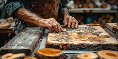 The man is using a saw to cut through a piece of wood photo