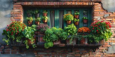 Potted plants and flowers adorn a window in a brick wall photo