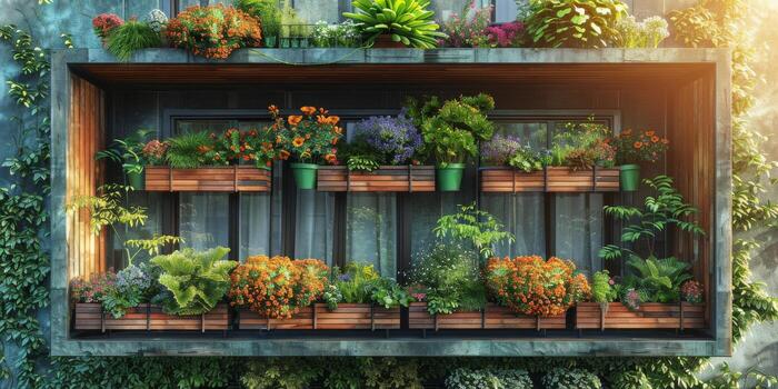 un hermosa balcón adornado con numeroso en conserva plantas y vibrante flores foto