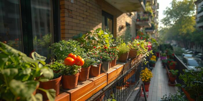 el balcón es abundante con numeroso en conserva plantas y vistoso flores foto