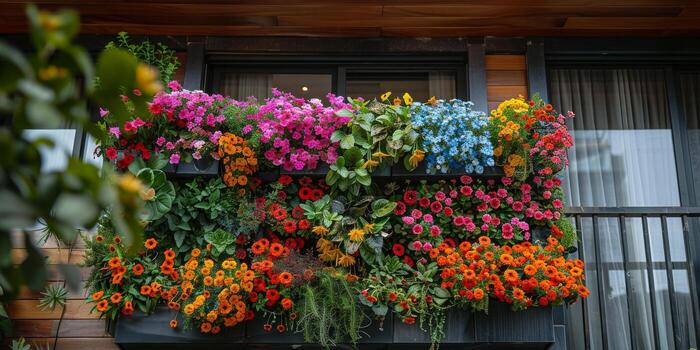 un hermosa balcón adornado con un abundancia de vibrante flores y lozano plantas foto