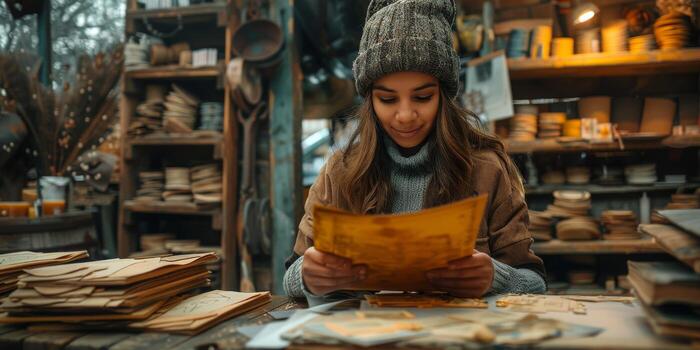 A woman is seated at a table, focus on reading a paper photo