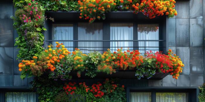 hermosa balcón con vibrante flores y lozano verde plantas foto