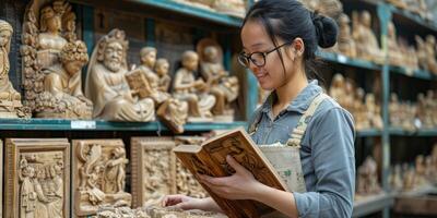 A woman wearing glasses is browsing through a book at a store photo