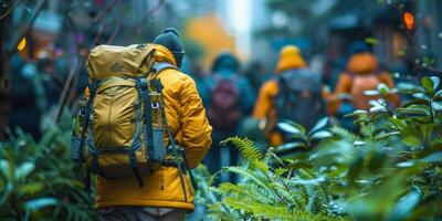 A man wearing a yellow backpack is hiking in a dense forest during the day photo