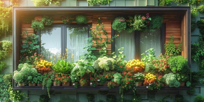 un elegante balcón adornado con numeroso en conserva plantas y hermosa flores foto