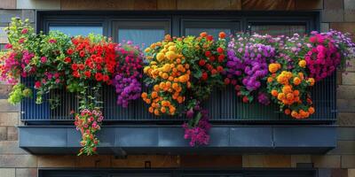 A beautiful balcony adorned with an abundance of vibrant flowers photo