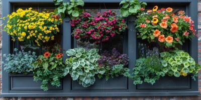 The window is adorned with blooming flowers of different types and colors photo