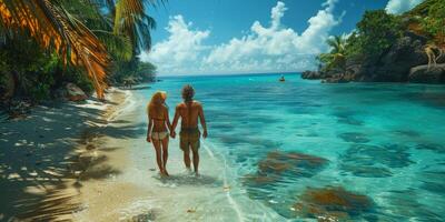 A man and a woman leaving the ocean, holding hands, surrounded by azure waters photo
