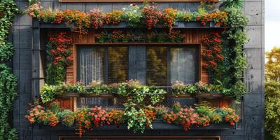 A building has a window adorned with flowers and plants photo