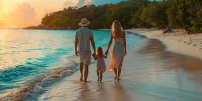Family enjoys sunset walk on beach, holding hands, making happy memories photo