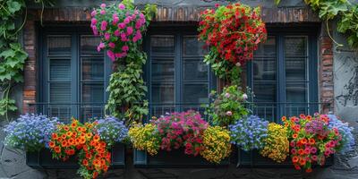 The balcony is adorned with colorful flowers, creating an inviting atmosphere photo