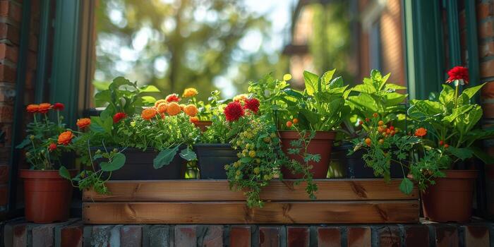 ventana caja tiene floreciente plantas y vistoso flores foto