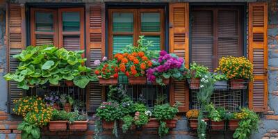 A window filled with flowers and plants, adding natural beauty photo
