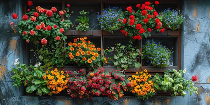 el ventana es adornado con un variedad de hermosa flores y plantas foto