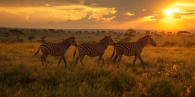 Zebras walking in a grassy field at sunset, harmonizing with natures beauty photo