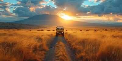 A jeep is traveling on a dusty desert road during the sunset photo