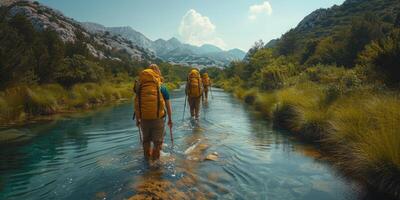 Backpackers wading in river, surrounded by natural beauty under the sky photo
