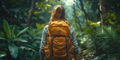 A woman with a backpack wanders through a lush forest enjoying the landscape photo