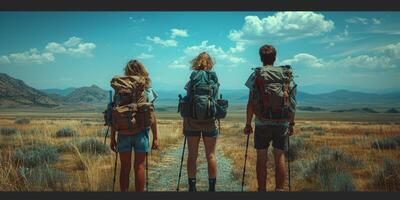 Three people with backpacks in a field, looking at mountains photo