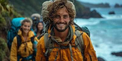 A man wearing a backpack happily poses in front of a crowd of people photo