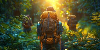 People with backpacks enjoying a stroll in a beautifully green forest photo