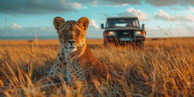 In front of a vehicle, a leopard rests on the grassland photo