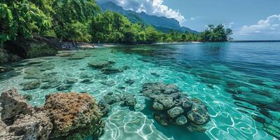 A coral reef in the ocean with mountains in the background photo