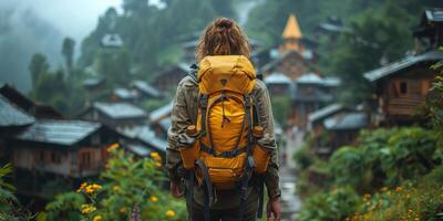 A man with a yellow backpack walking through a village in the rain photo