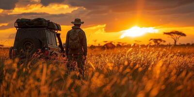 A man stands in a field by a jeep at sunset under the cloudy sky photo