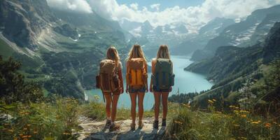 Three women with backpacks on mountain top looking at lake photo