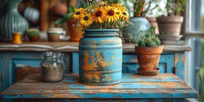 Yellow flowers in a vase beautify a wooden table, creating a lovely display photo