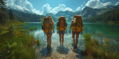 Three people with backpacks walking towards a mountain lake photo