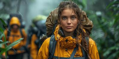 Woman in yellow jacket with backpack walking in rain photo