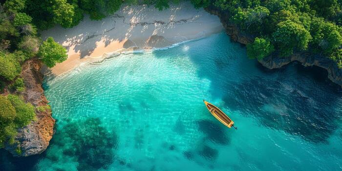 un aéreo ver de un barco navegación en el Oceano cerca a un playa foto
