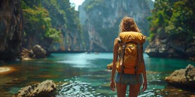 Woman with backpack near water, enjoying natural view photo