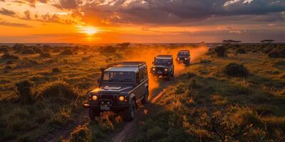 Jeeps driving across a field at sunset with beautiful sky photo
