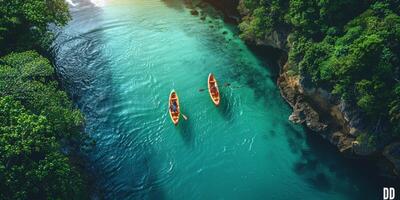 Two kayaks are peacefully floating on a river surrounded by trees photo