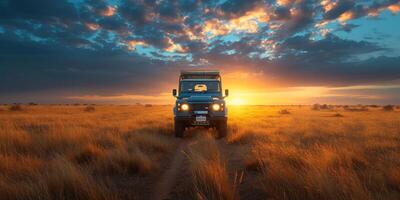 A jeep is driving through a field at sunset, under a colorful sky photo