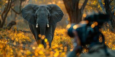 A person is photographing an elephant in its natural habitat with a camera photo