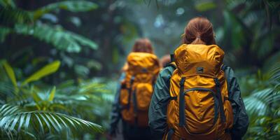 Two individuals carrying backpacks are trekking in the jungle photo