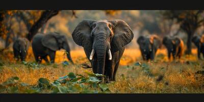 A herd of elephants gracefully navigate through the grassy field photo