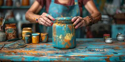 A woman is painting a blue pottery jar on a wooden table in an artistic event photo