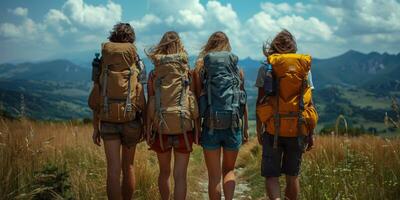 People with backpacks walking down a mountain path photo