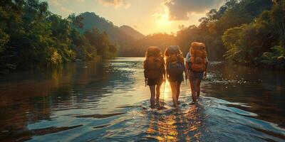 Three people with backpacks crossing river at sunset photo