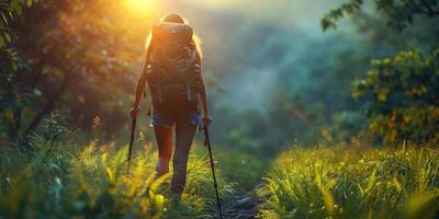 Woman with backpack and hiking poles walks through field photo